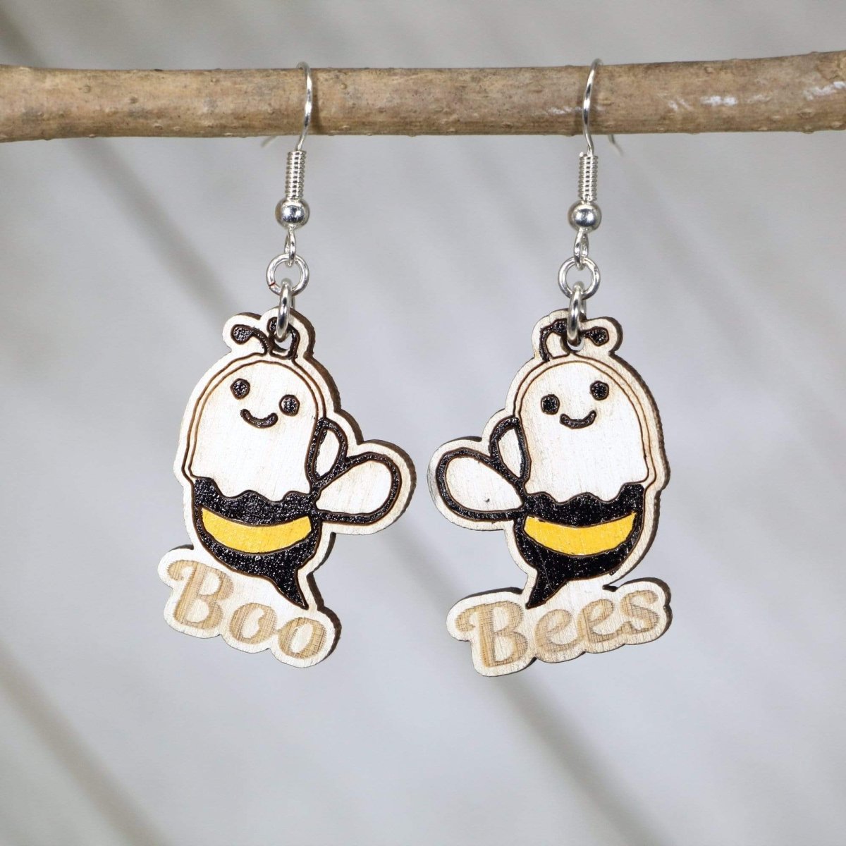 Boo Bees Wooden Earrings | Funny Halloween Ghost Bee Jewelry by Cate's Concepts, LLC, handmade jewelry main product photo