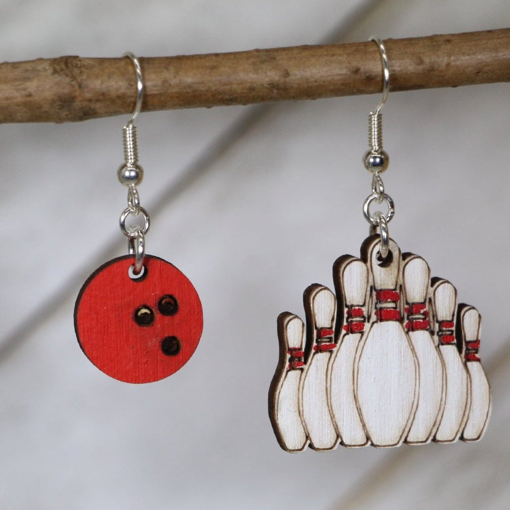Bowling Ball and Pin Wooden Dangle Earrings | Bowling Jewelry detail view by Cate's Concepts, LLC