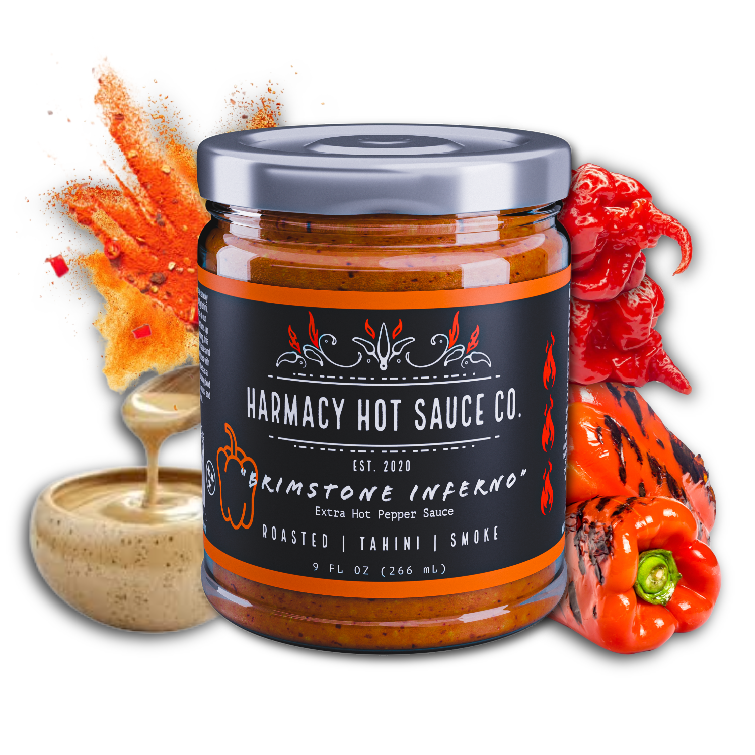 Brimstone Inferno - Extra Hot Roasted Red Pepper & Tahini (9oz) by Harmacy Hot Sauce Co.