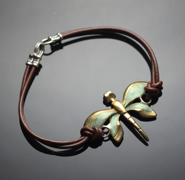 Bronze Dragonfly Bracelet with Garnet Eyes by Anisa Jewelry