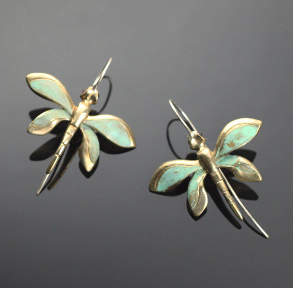 Bronze Dragonfly Earrings with Garnet Eyes by Anisa Jewelry