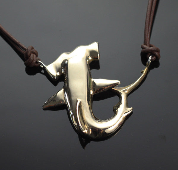 Bronze Hammerhead Shark Necklace on Double Leather by Anisa Jewelry