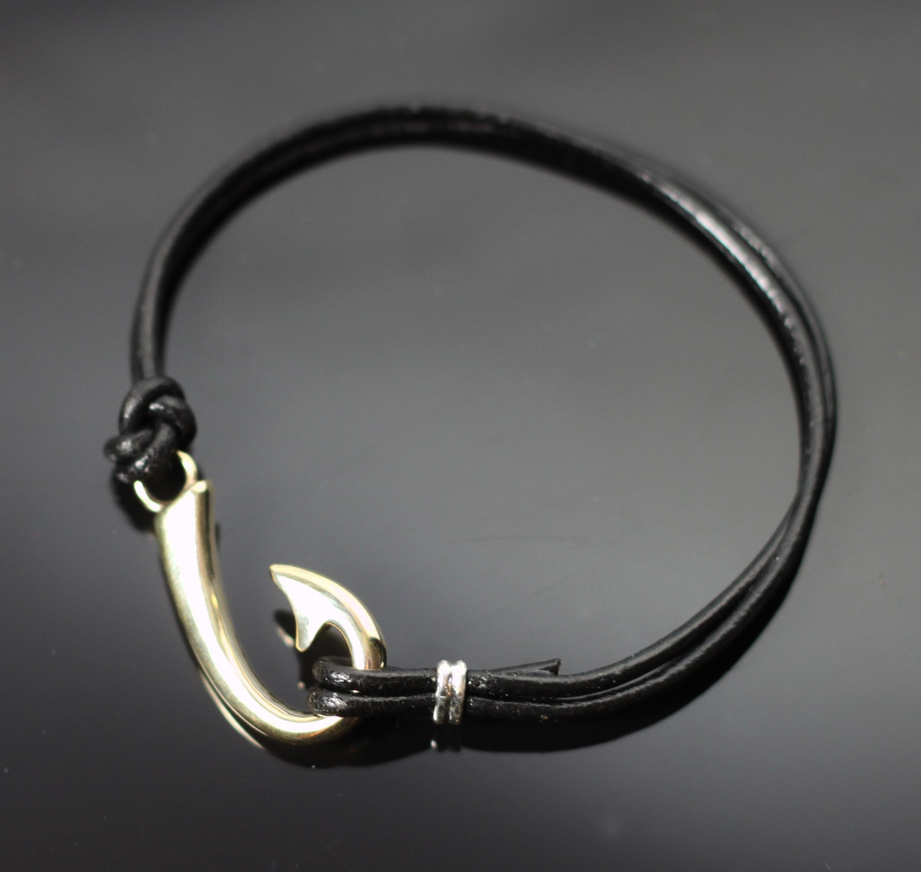 Bronze J Hook Bracelet on Black Double Leather by Anisa Jewelry