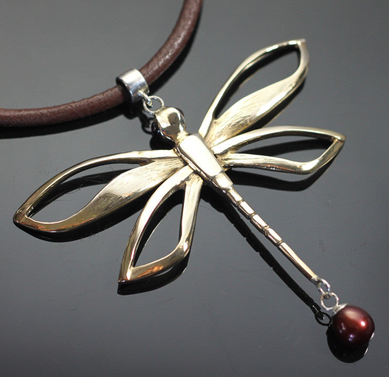Large Bronze Dragonfly Pendant with Garnet & Pearl by Anisa Jewelry