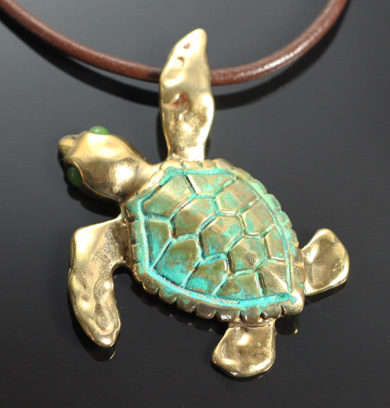 Large Bronze Loggerhead Pendant with Jade Eyes by Anisa Jewelry