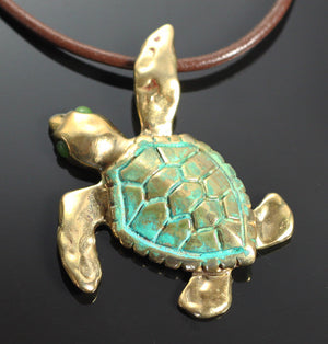 Large Bronze Loggerhead Pendant with Jade Eyes by Anisa Jewelry