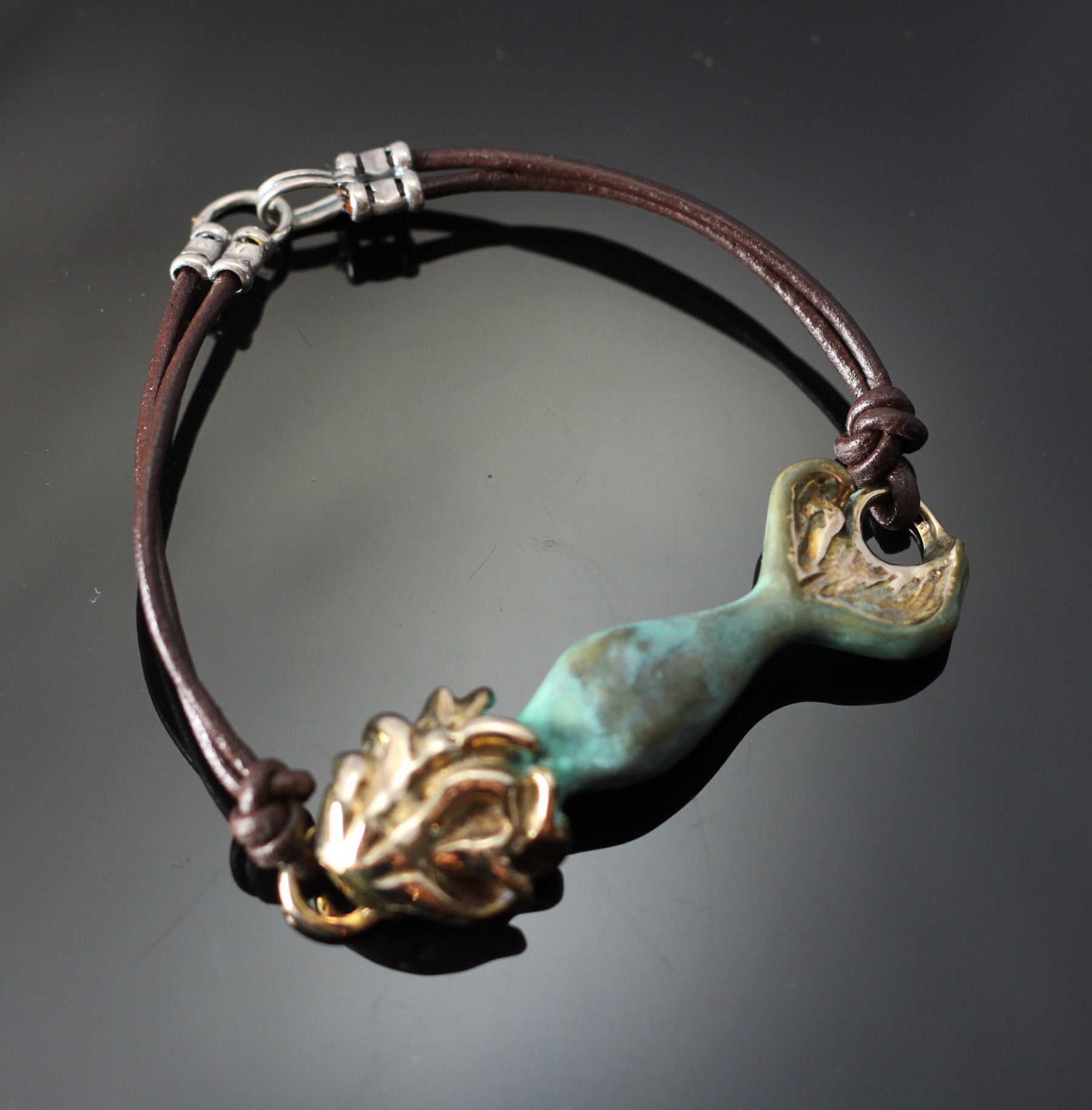 Bronze Mermaid Bracelet with Verde Patina on Brown Leather by Anisa Jewelry