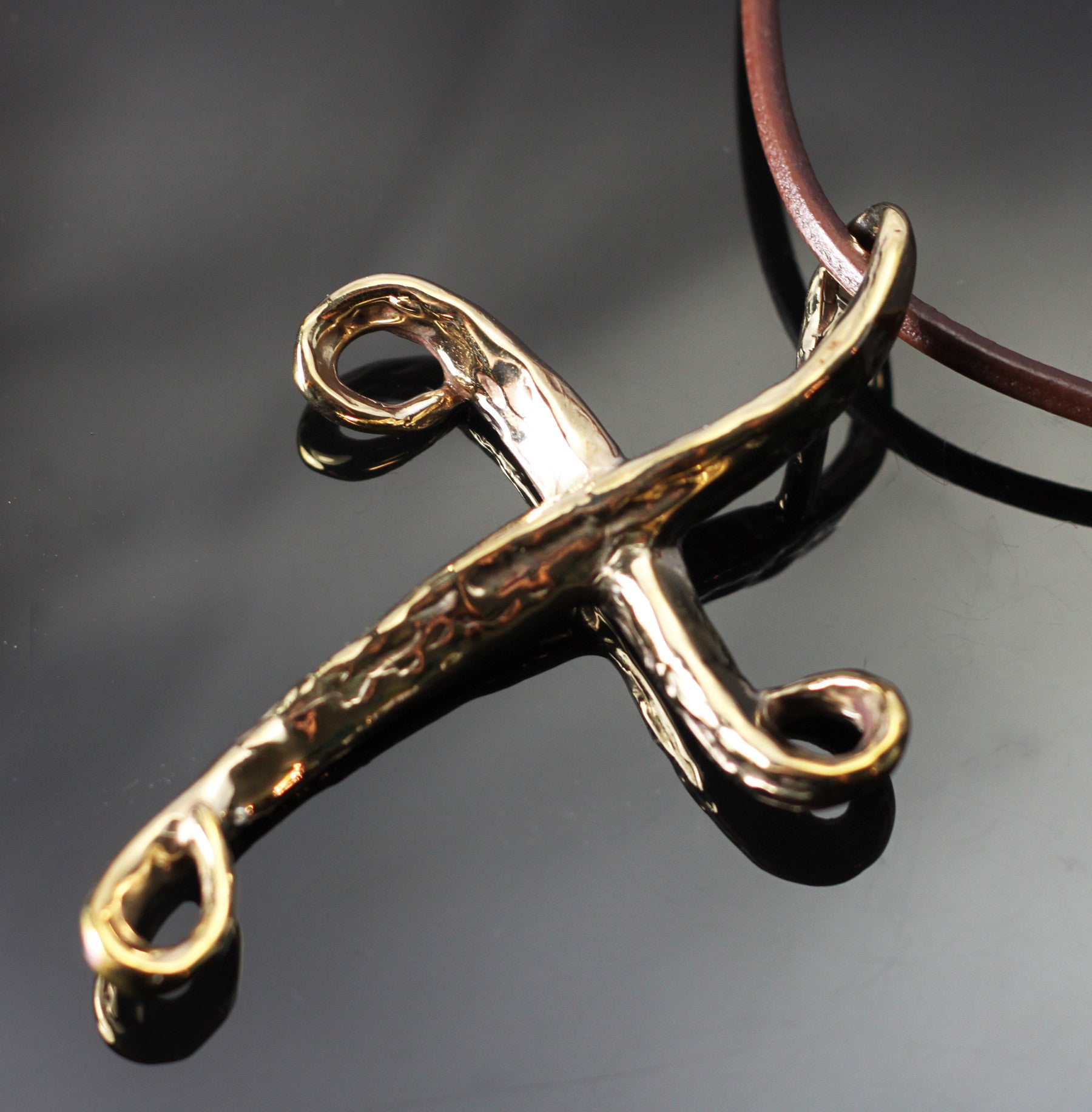 Bronze Mermaid Cross Pendant on Brown Leather by Anisa Jewelry