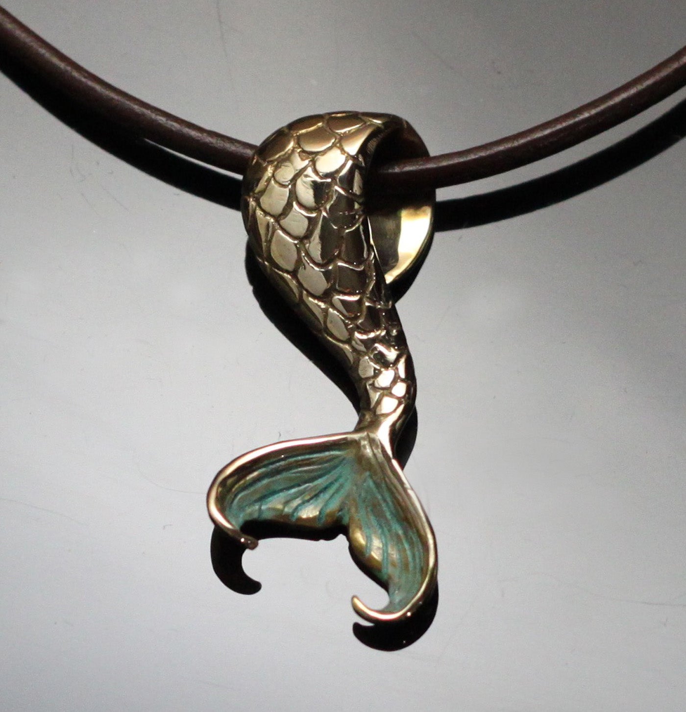 Bronze Mermaid Tail Pendant with Bottom Verde Patina by Anisa Jewelry