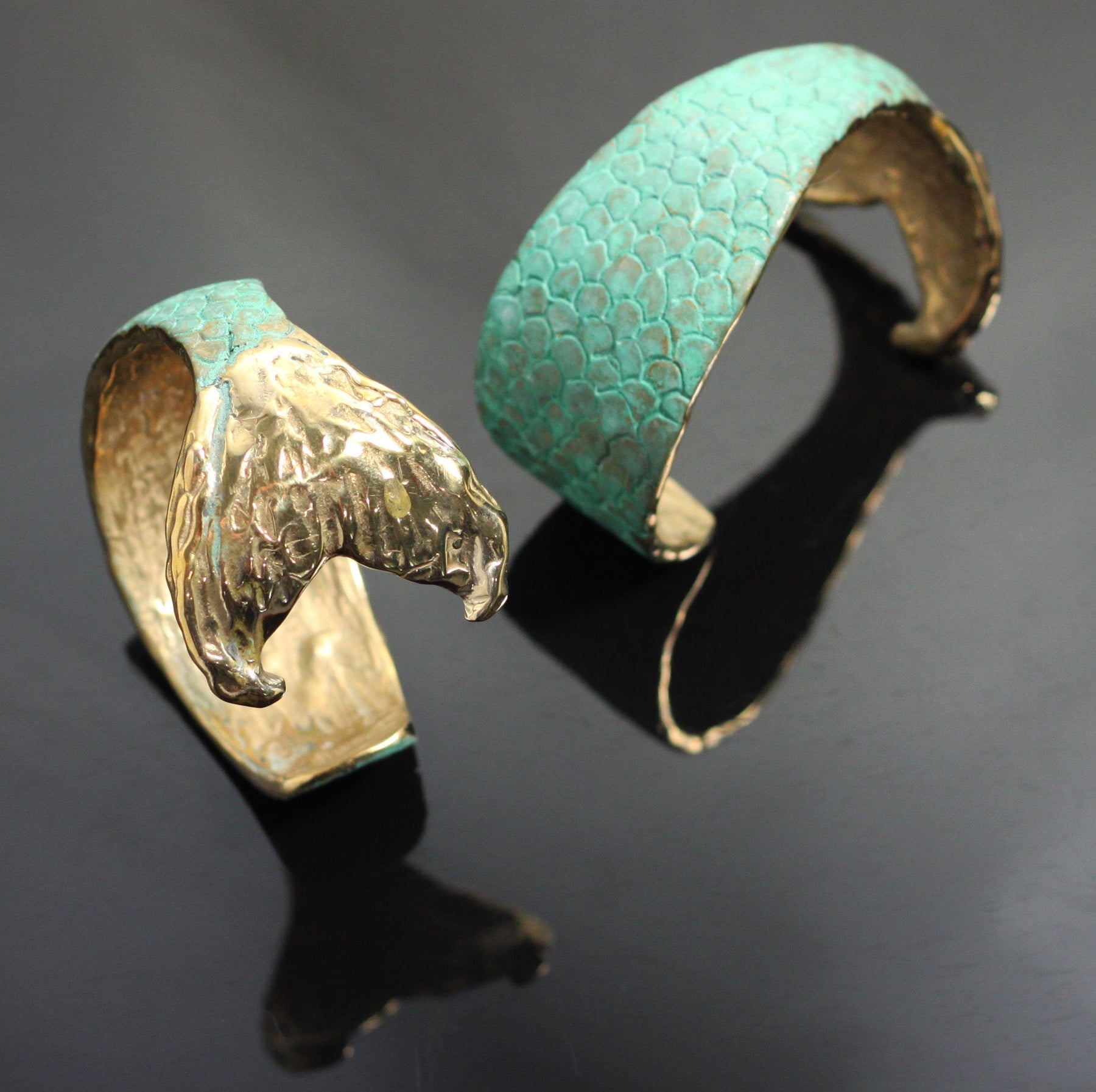 Bronze Mermaid Tail Cuff with Verde Patina by Anisa Jewelry