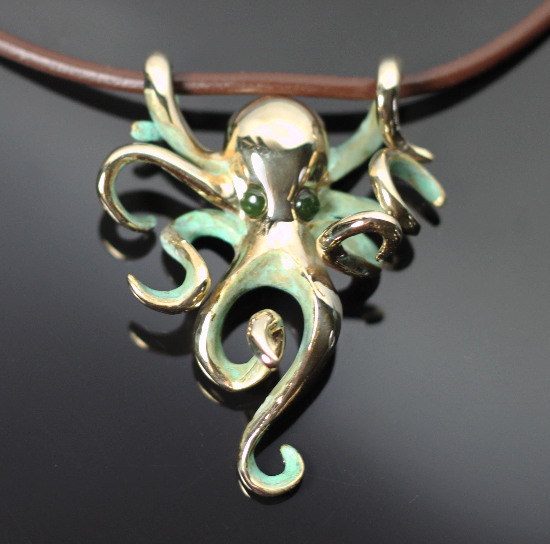 Bronze Octopus Pendant with Jade Eyes and Verde Patina by Anisa Jewelry
