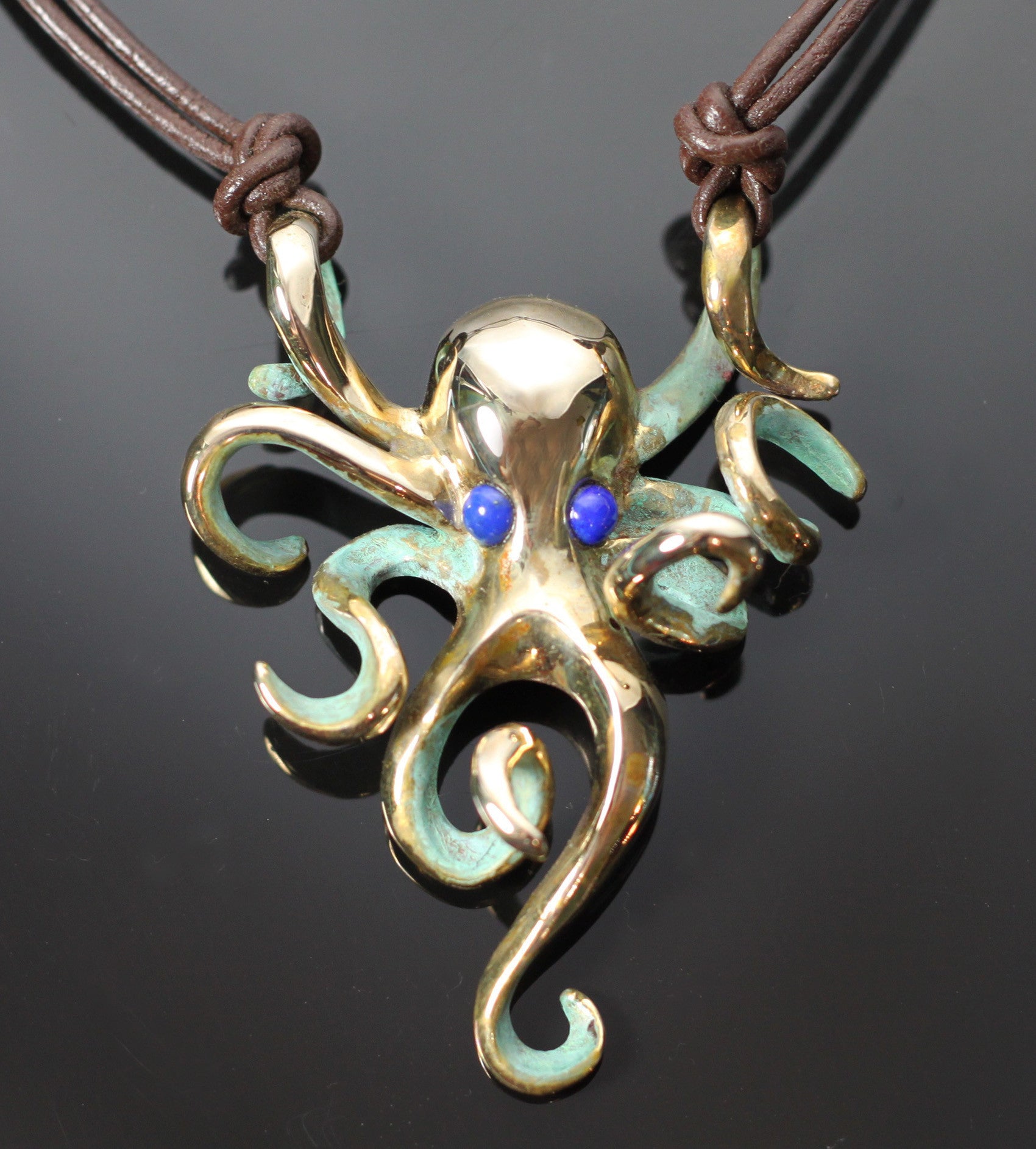 Bronze Octopus Necklace with Lapis Eyes on Brown Leather by Anisa Jewelry