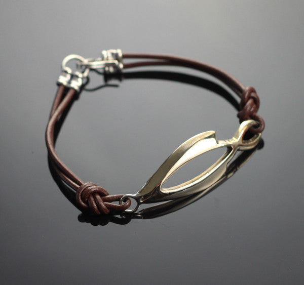 Bronze Open Fish Bracelet on Leather by Anisa Jewelry