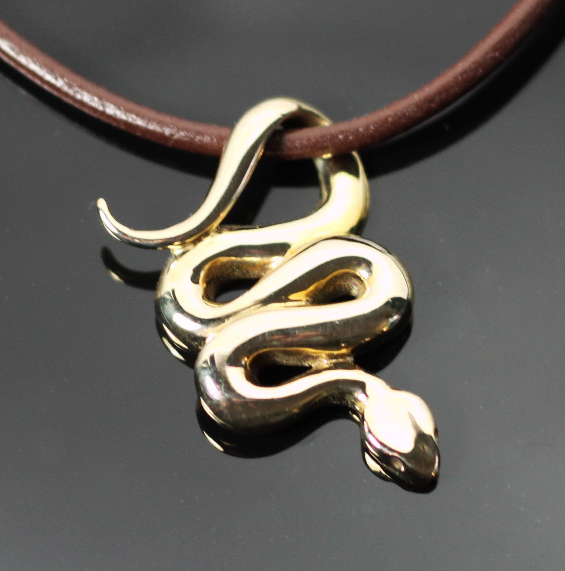 Bronze Snake Pendant on Brown Leather Cord by Anisa Jewelry