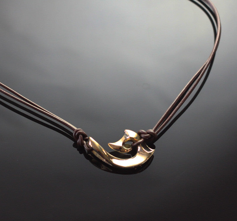 Bronze Tribal Hook Sideways Necklace on Double Leather by Anisa Jewelry