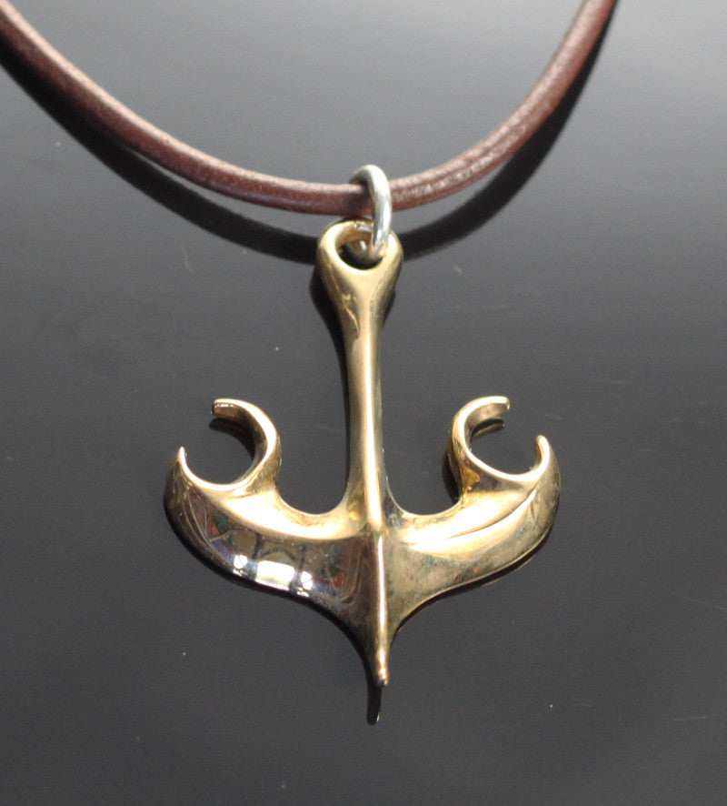 Bronze Wavy Anchor Pendant on Leather Cord by Anisa Jewelry