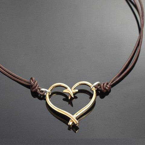 Bronze Hook Heart Necklace on Double Leather by Anisa Jewelry