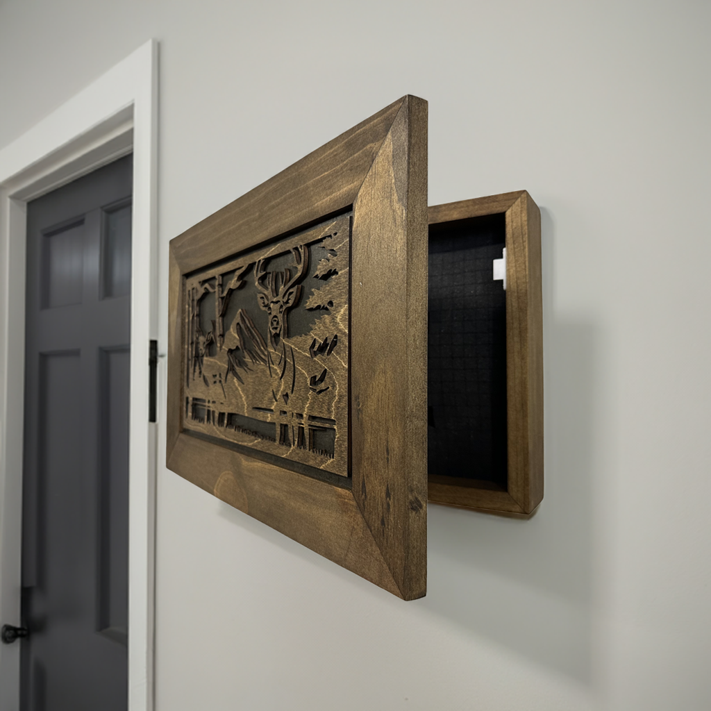 Buck and Doe in The Woods Gun Concealment Furniture - Handcrafted Hidden Gun Storage Wall Decor - Hidden Gun Shelf with Magnetic Lock for Quick Access by Bellewood Designs