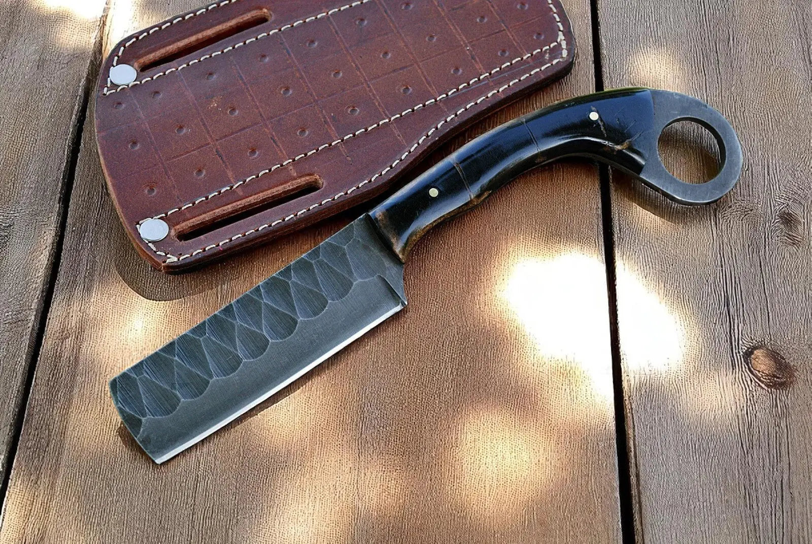 Bull Cutter Knife | with Leather Sheath by Damascus Knife Store, leather knife sheath main product photo