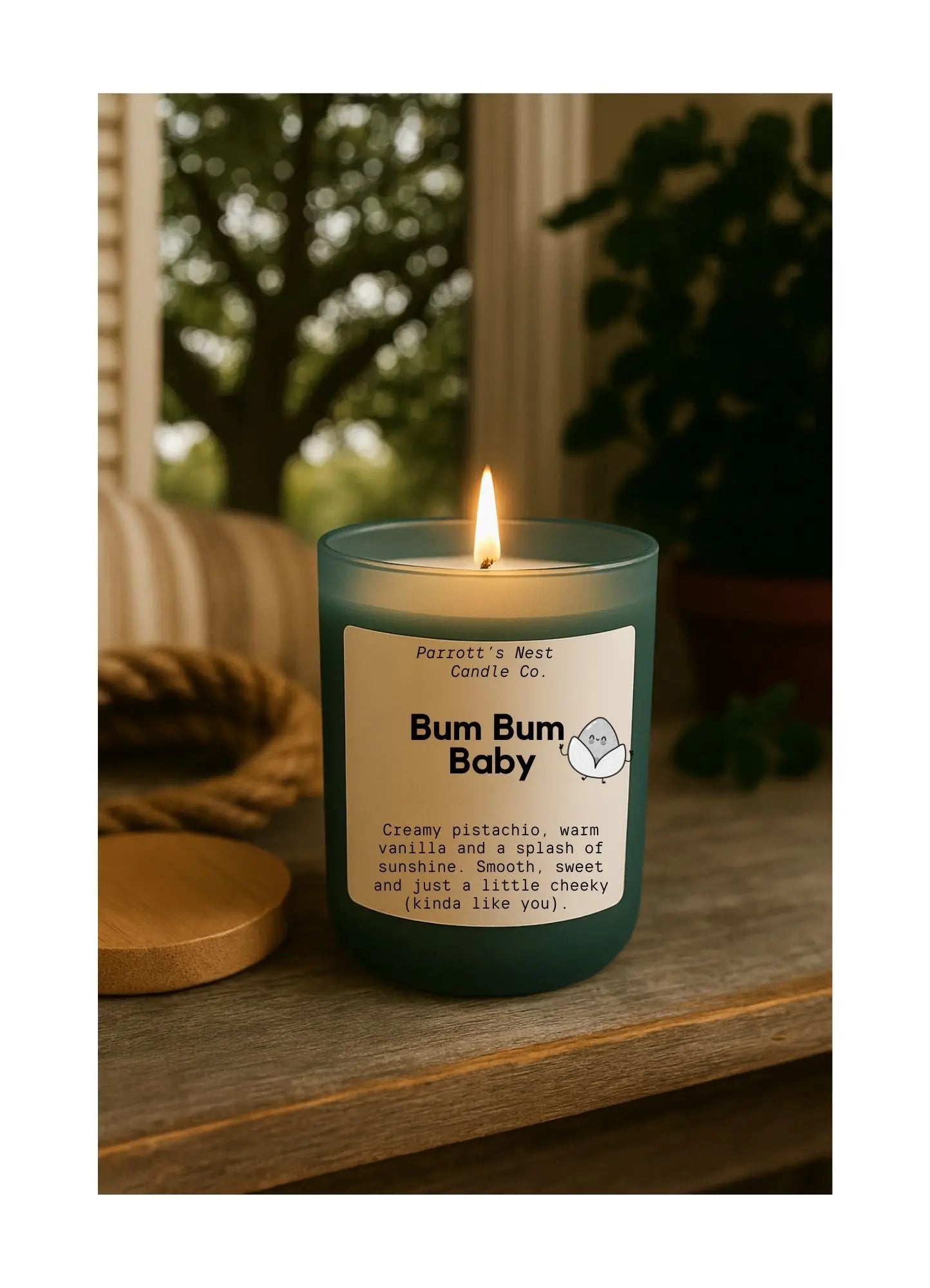 Bum Bum Baby Soy Candle | 8 oz Pistachio Caramel Hand-Poured Candle by Parrott's Nest Candle Company, scented candle main product photo