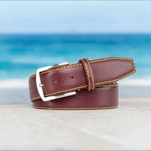 Burgundy French Pebble Grain Belt by Roger Ximenez: Bespoke Belts and Leather Accessories, handmade leather goods detail photo 2
