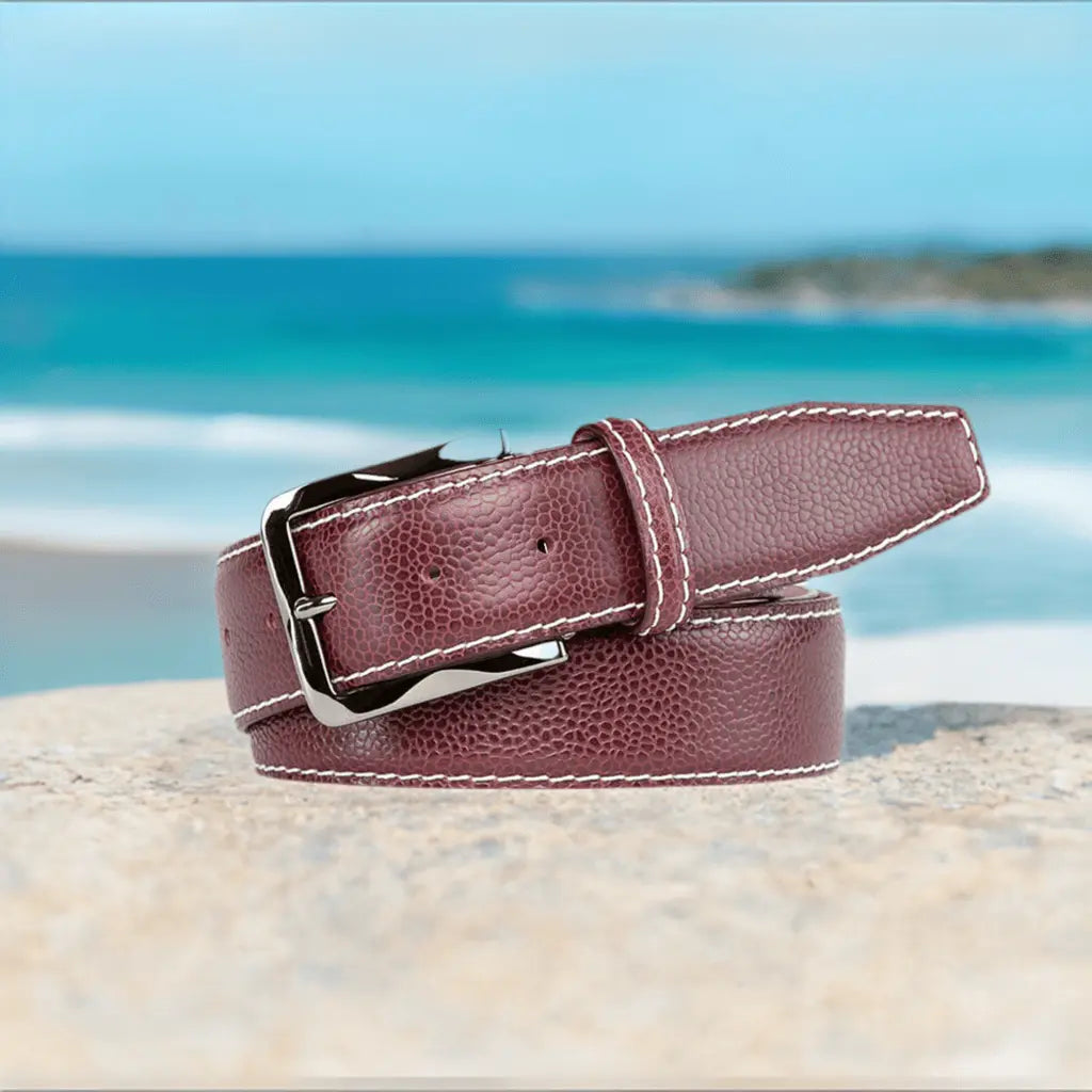 Burgundy French Pebble Grain Belt by Roger Ximenez: Bespoke Belts and Leather Accessories, handmade leather goods detail photo 3