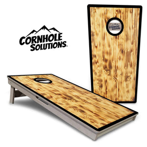 Burnt Wood Black Border Cornhole Boards - Professional Tournament Series by Cornhole Solutions, custom cornhole board main product photo