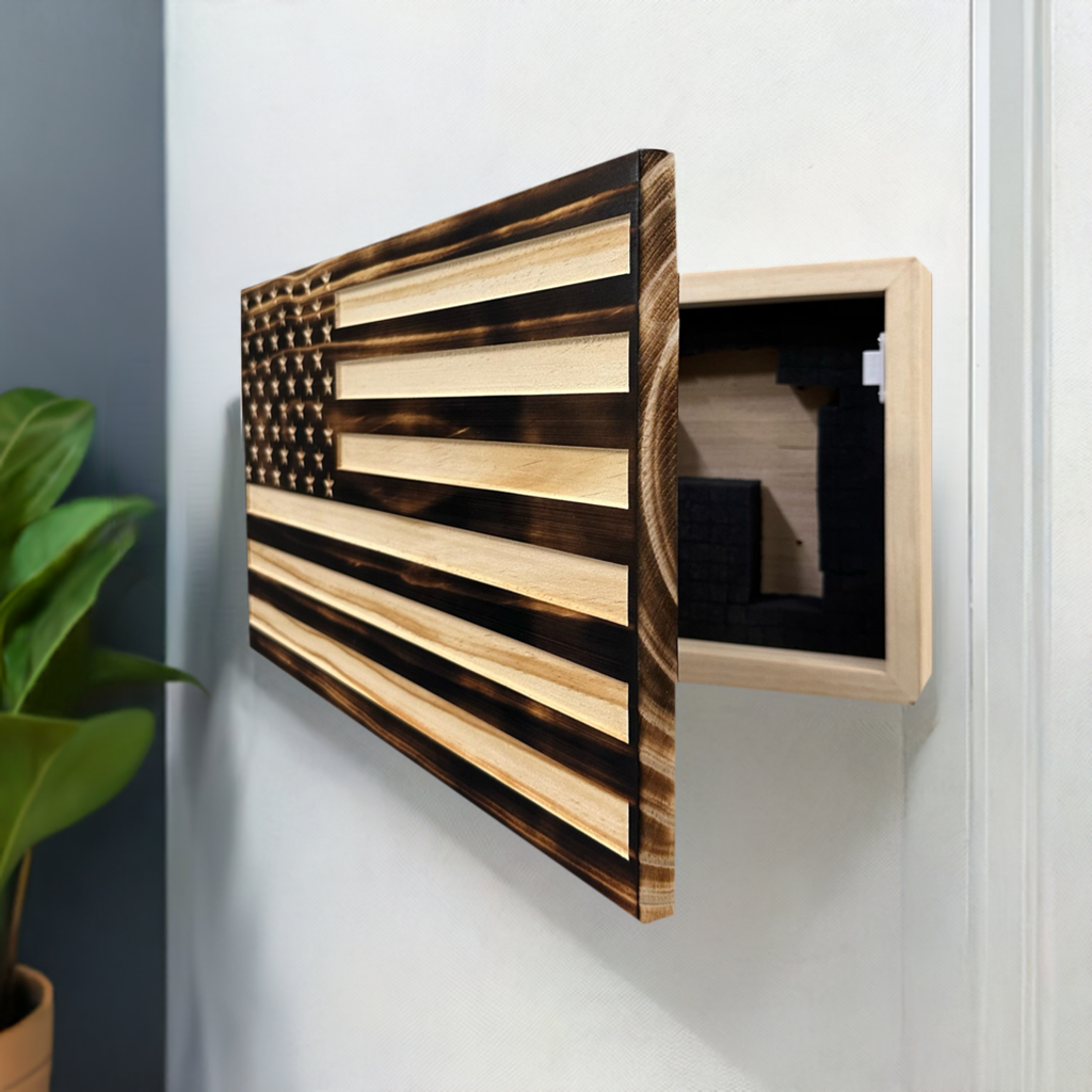 Burnt American Flag Hidden Gun Storage Cabinet by Bellewood Designs, gun safes detail photo 2