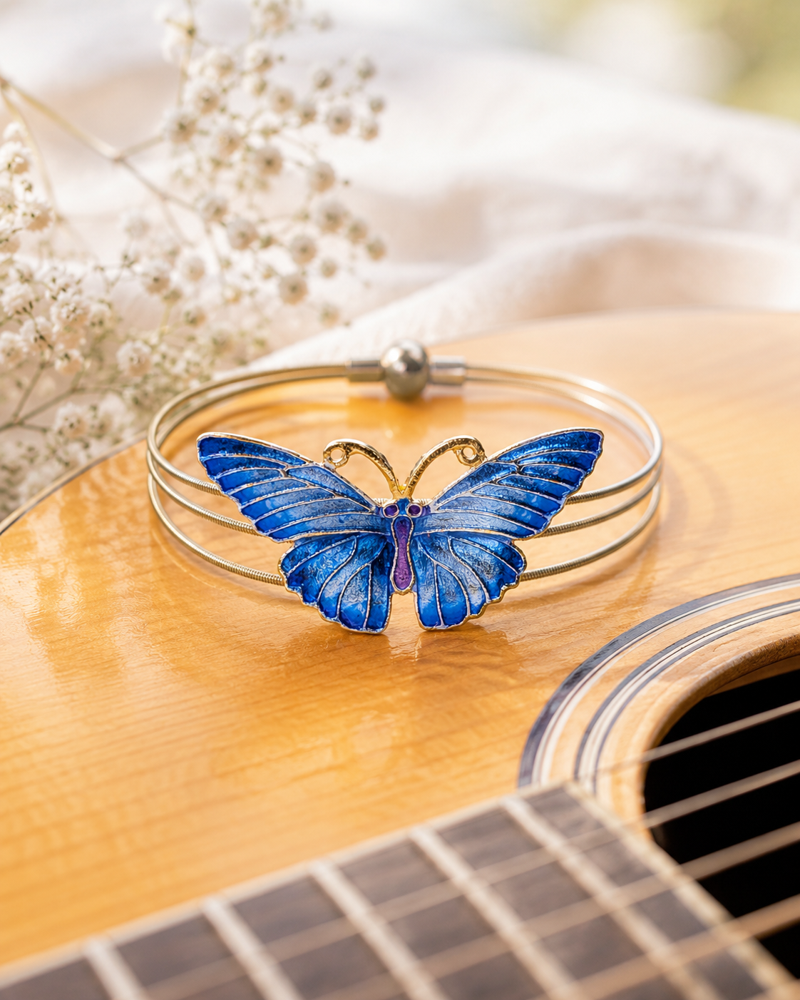 Blue Enamel Butterfly Guitar String Bracelet by N Harmony Jewelry, handmade jewelry detail photo 3