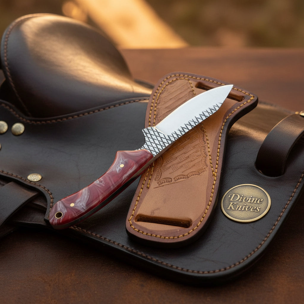Maroon Finger Groove Rasp Skinner Knife by Divine Knives, product view 2