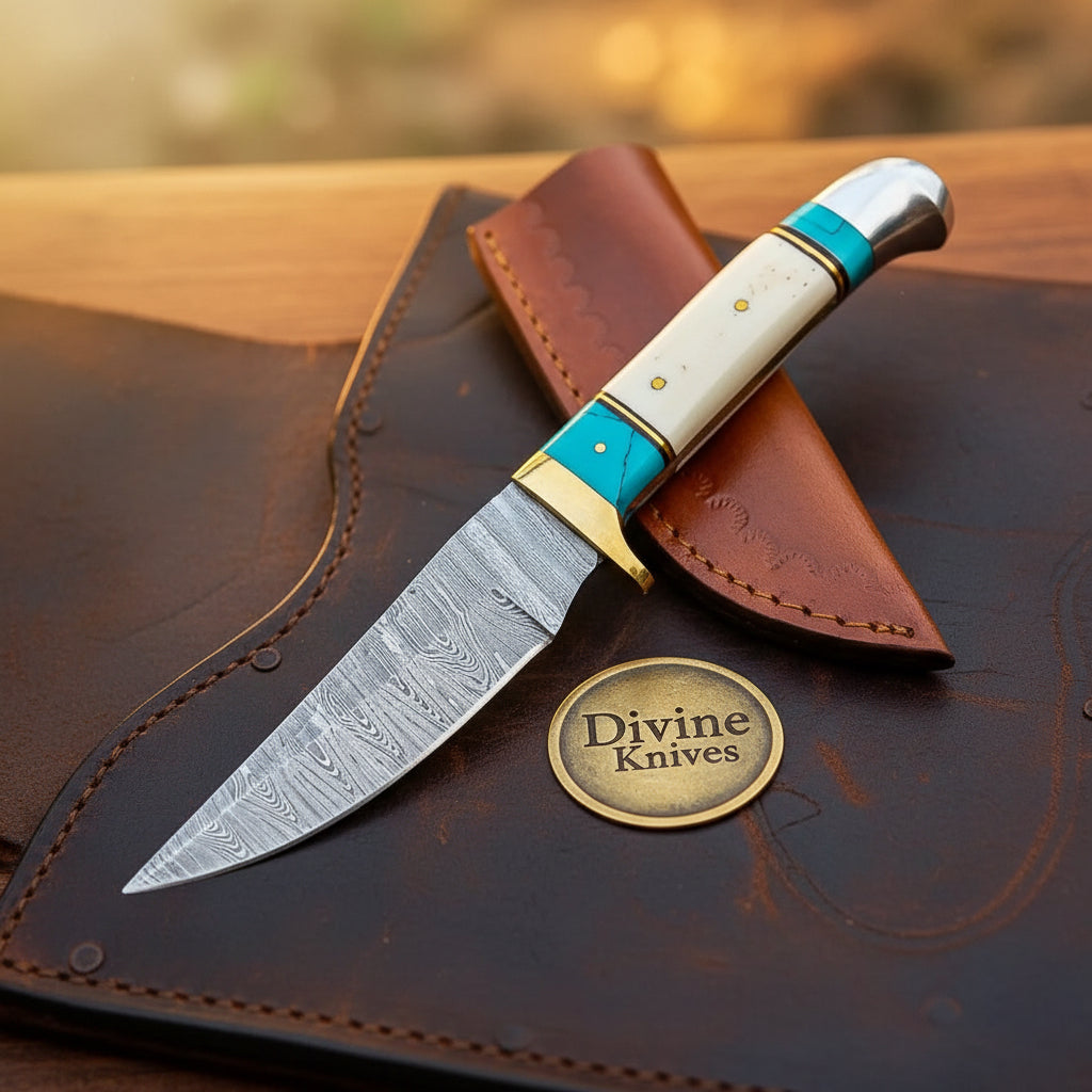 Turquoise Bone Damascus Hunter with Curved by Divine Knives