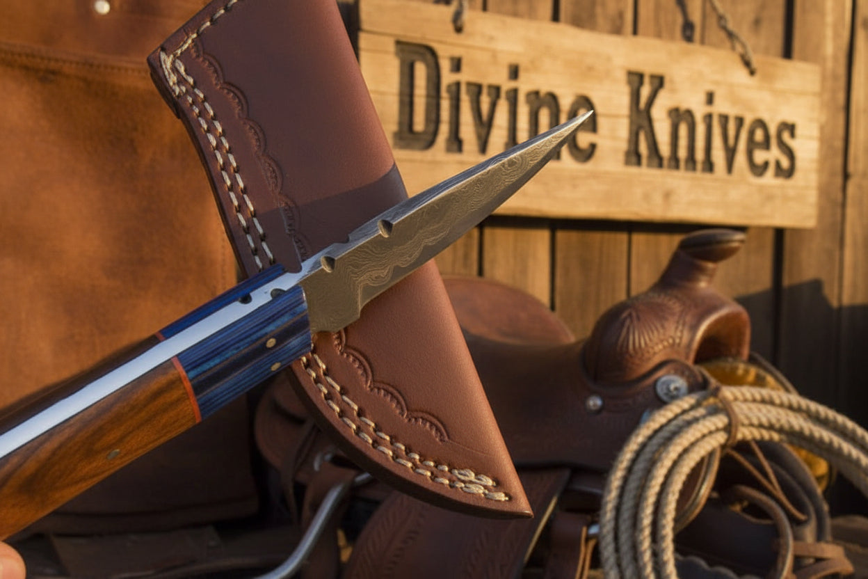 Two-Tone Blue Accent Damascus Knife with Warm Tan Wood Handle detail view by Divine Knives