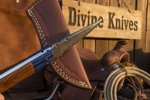 Two-Tone Blue Accent Damascus Knife with Warm Tan Wood Handle detail view by Divine Knives