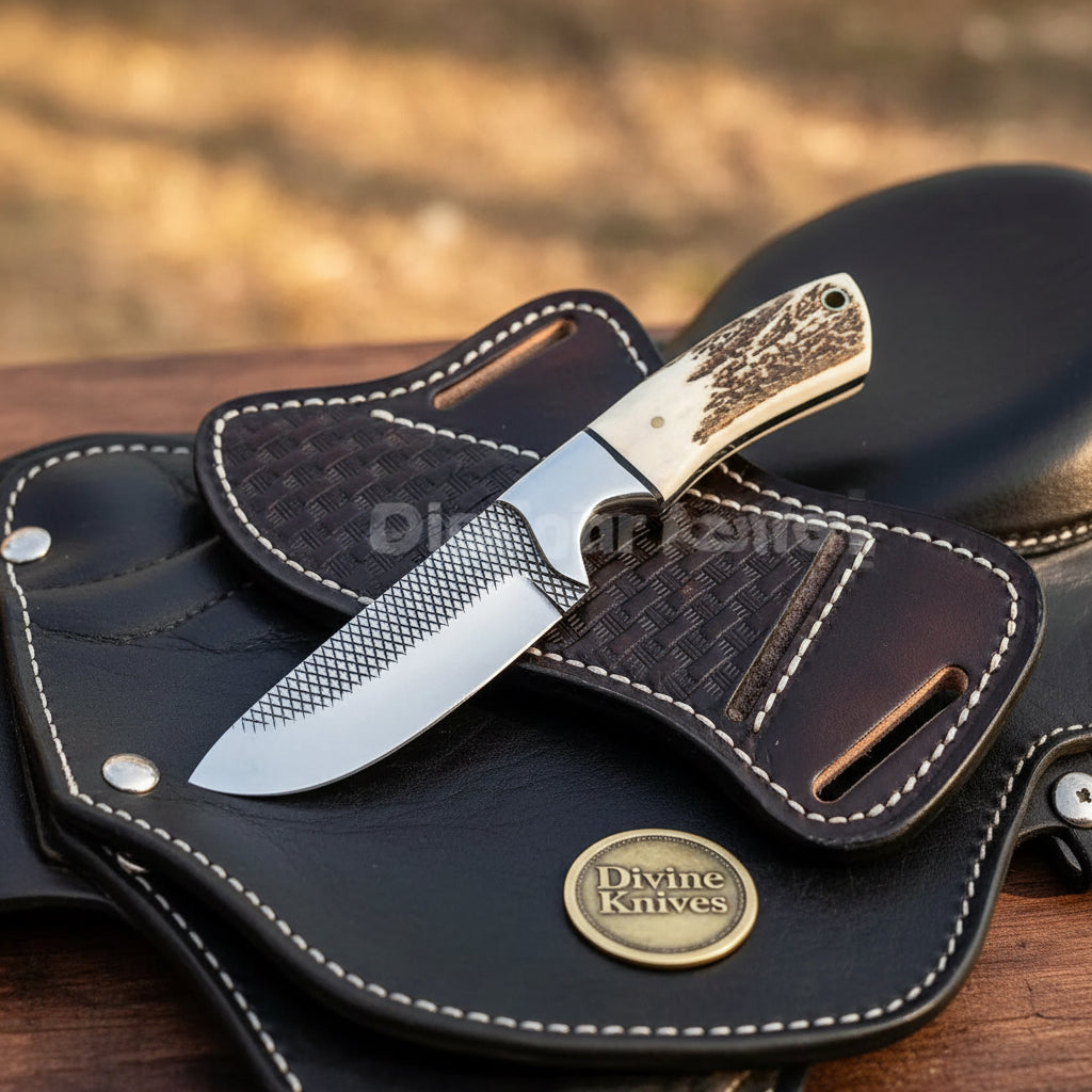 Stag Antler Cross-Hatch Skinner Knife for Field Dressing and Camp Use