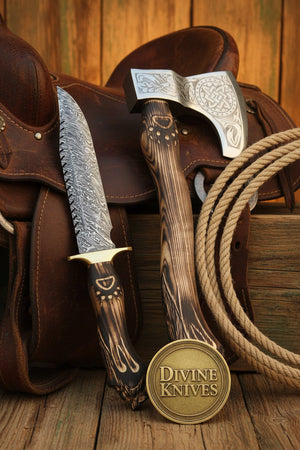 Wolf Head Damascus Bowie Knife with Matching Celtic Tomahawk Axe detail view by Divine Knives