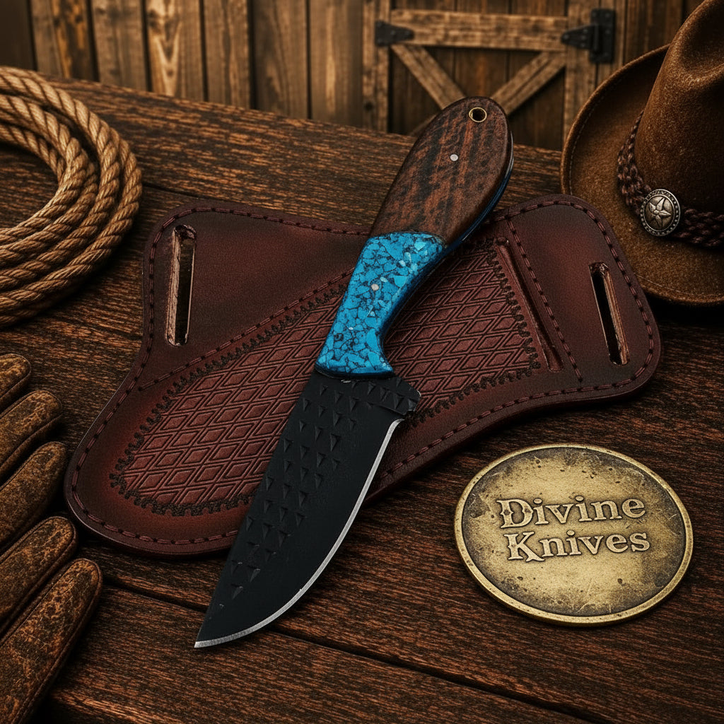 Turquoise Trail Rasp Cowboy Knife with Black Etched Blade by Divine Knives