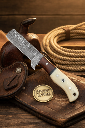 Bone and Wood Bull Cutter Knife with Wood Grain Damascus Blade by Divine Knives
