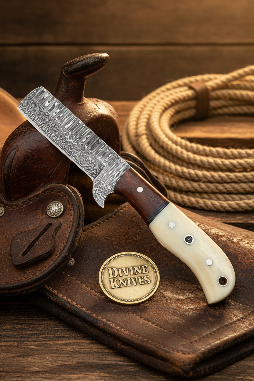 Bone and Wood Bull Cutter Knife with Wood Grain Damascus Blade by Divine Knives