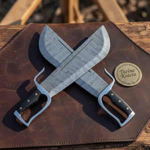Wing Chun Butterfly Swords with Wood Grain Damascus Blades detail view by Divine Knives