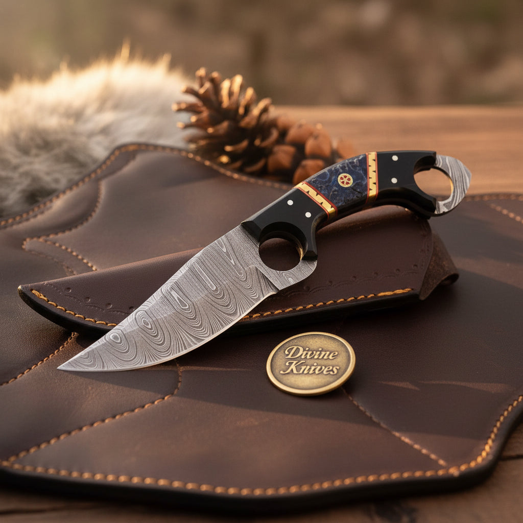 Black Damascus Ring Skinner Knife with by Divine Knives