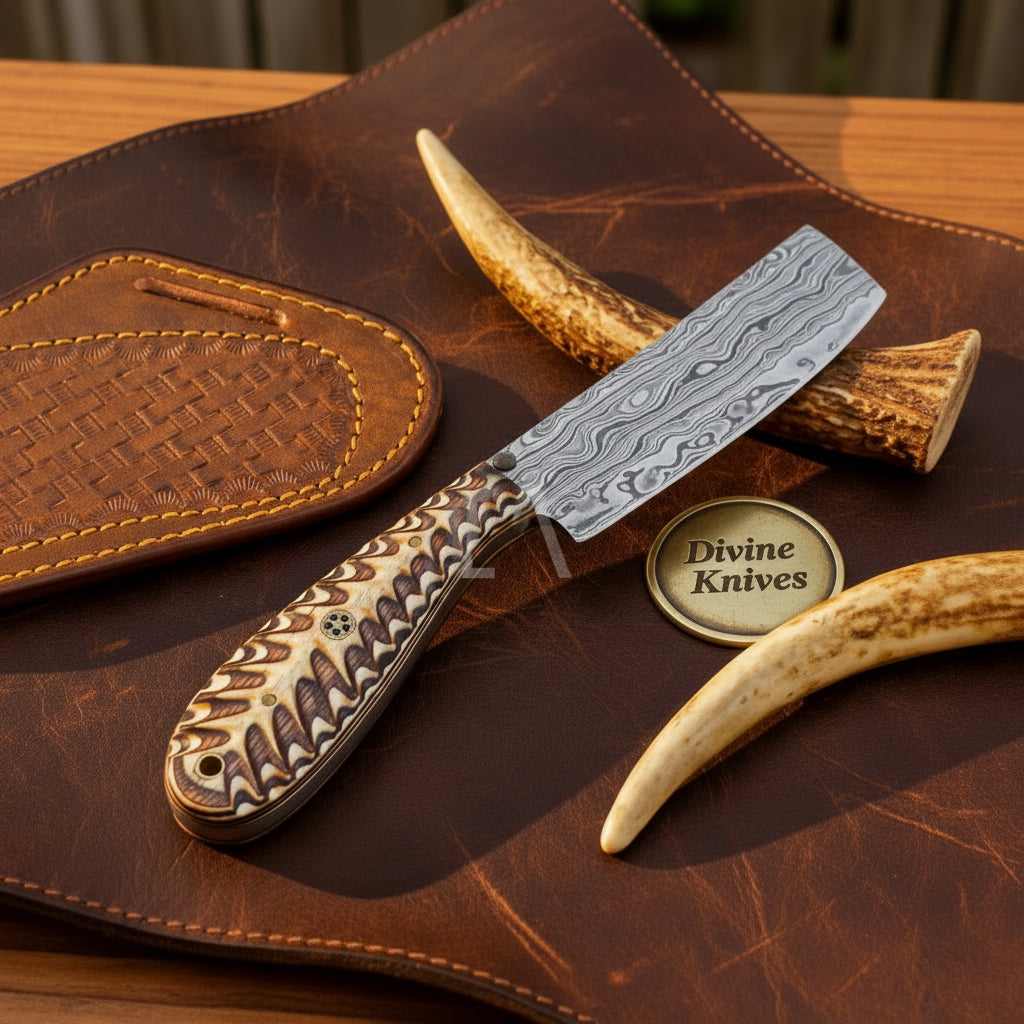 Orange Pinecone Damascus Bull Cutter for Ranch Work