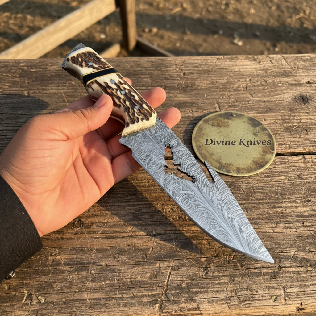 Eagle Cutout Damascus Hunter with Bird Silhouette and Stag Handle detail view by Divine Knives