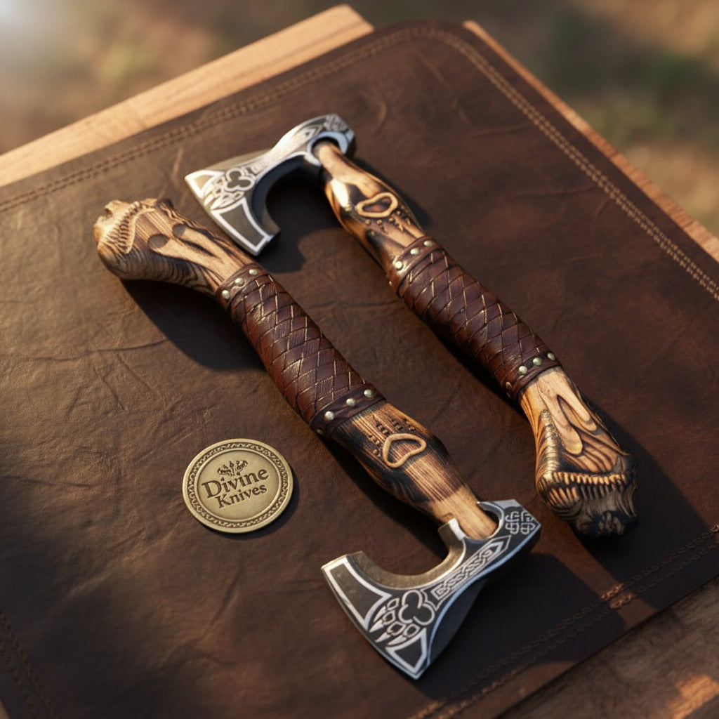 Norse Bear Paw Pocket Hatchet Set with Matched Etched Heads by Divine Knives