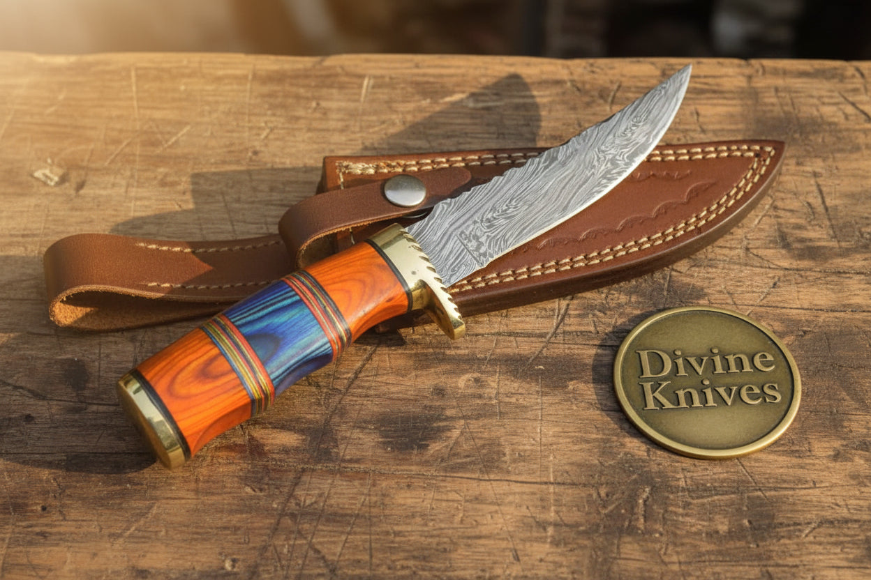 Multi Color Wood Damascus Knife with Brass Bolster Detailing detail view by Divine Knives