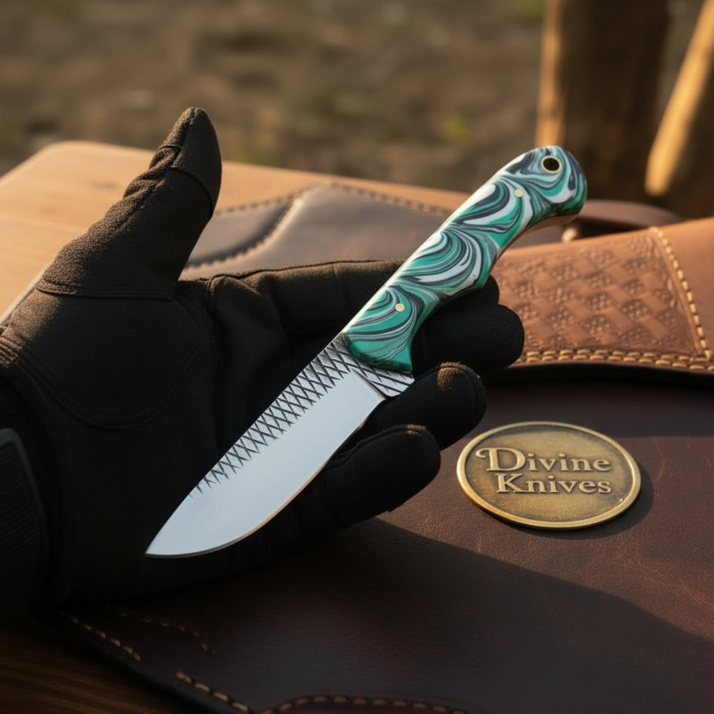 Green Swirl Resin Rasp Cowboy Knife with by Divine Knives