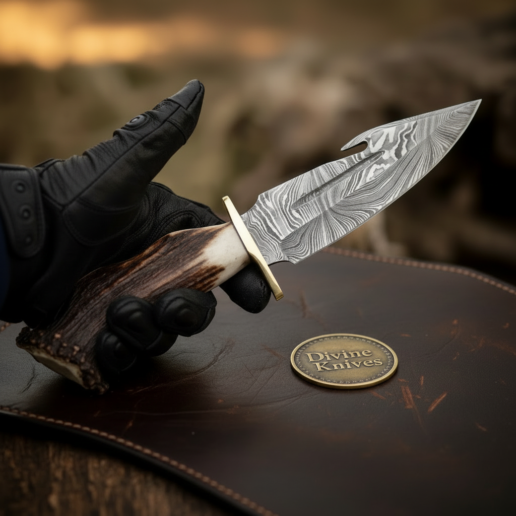Crown Stag Damascus Gut Hook Knife by Divine Knives, product view 2