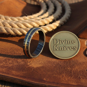Two-Tone Damascus Steel Ring with Copper Stripe Inlay by Divine Knives