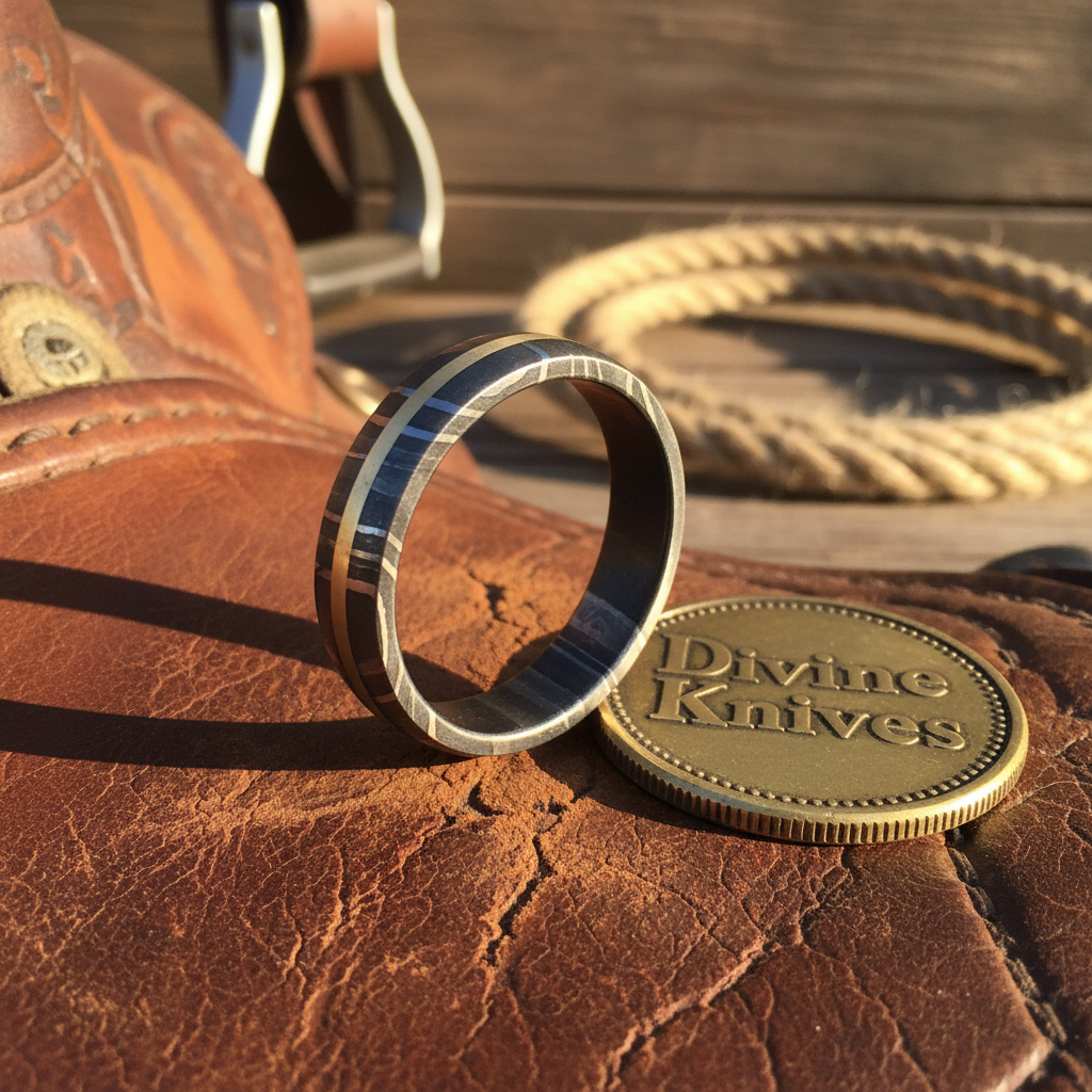 Two-Tone Damascus Steel Ring with Copper Stripe Inlay detail view by Divine Knives