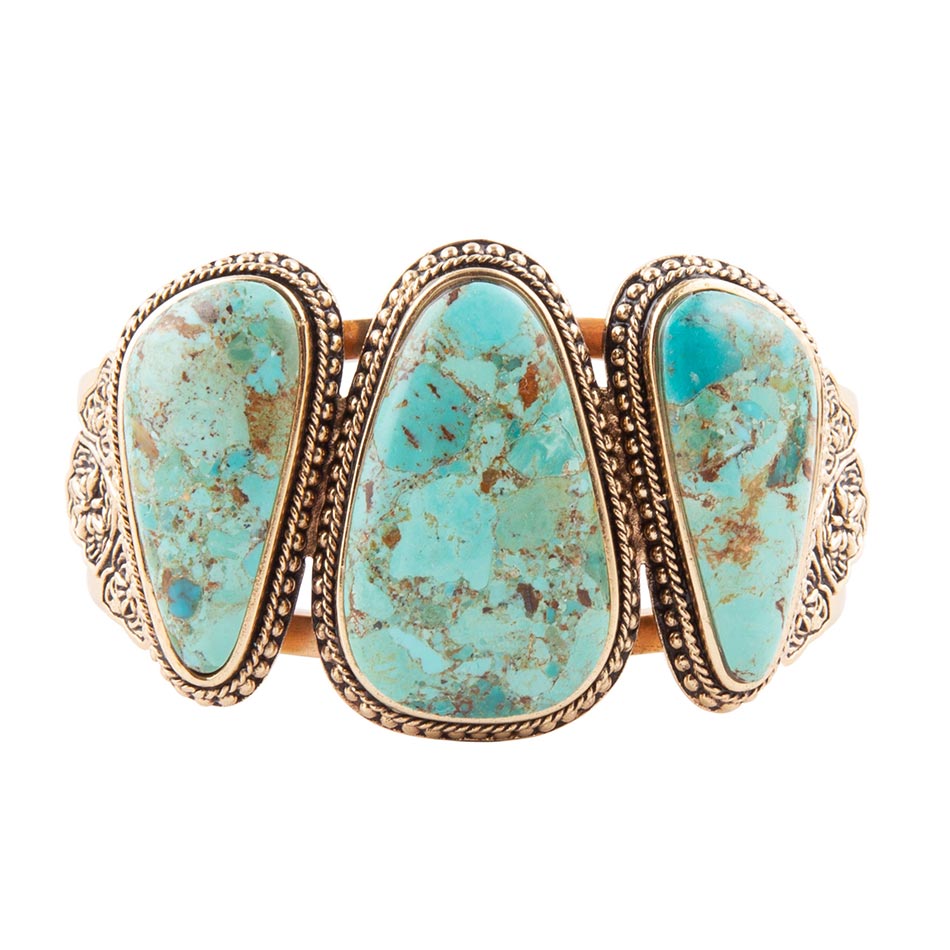 Trio Blue Turquoise Golden Cuff Bracelet detail view by Barse Jewelry