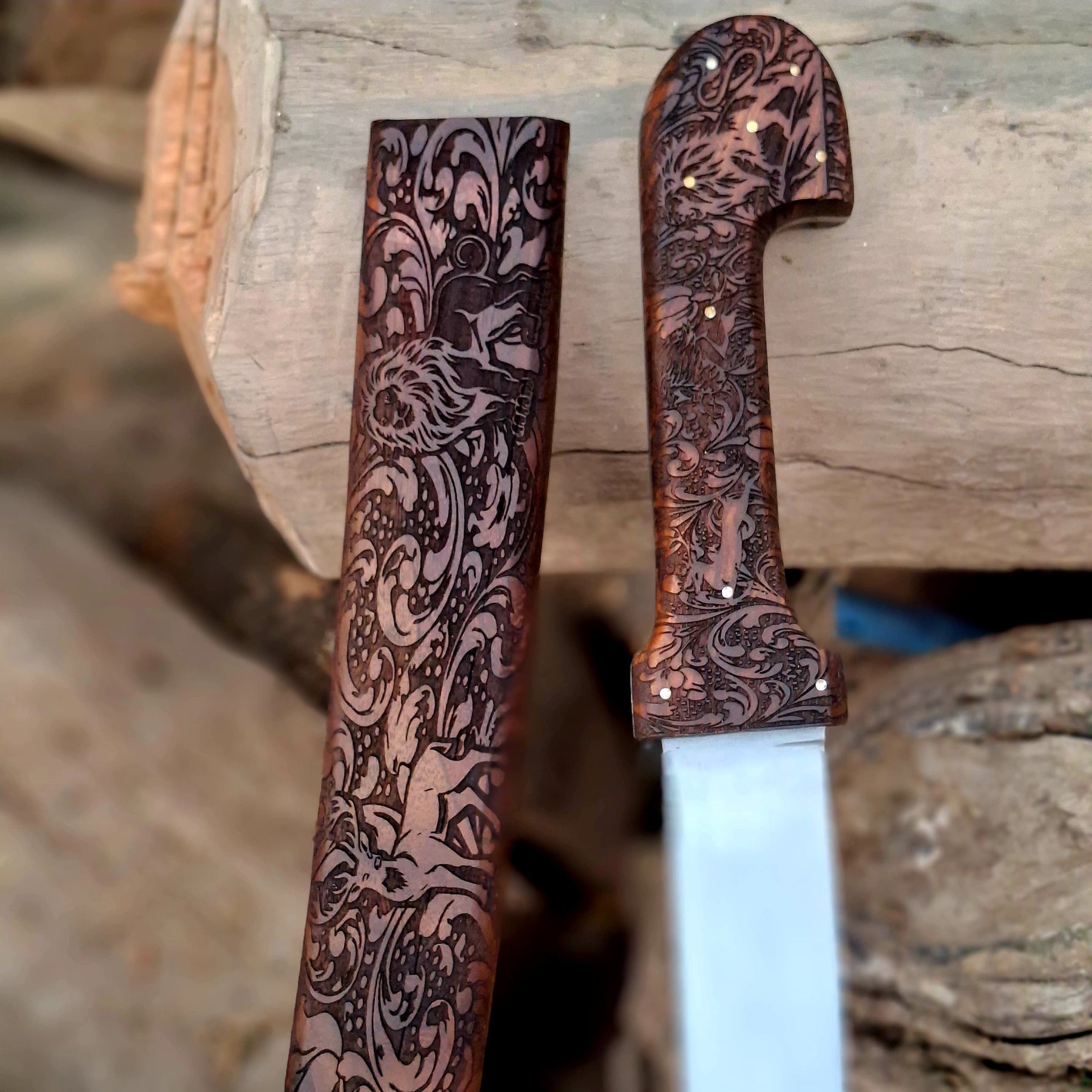 Bone Handle Damascus Knife with Handcrafted Tooled Sheath by Divine Knives